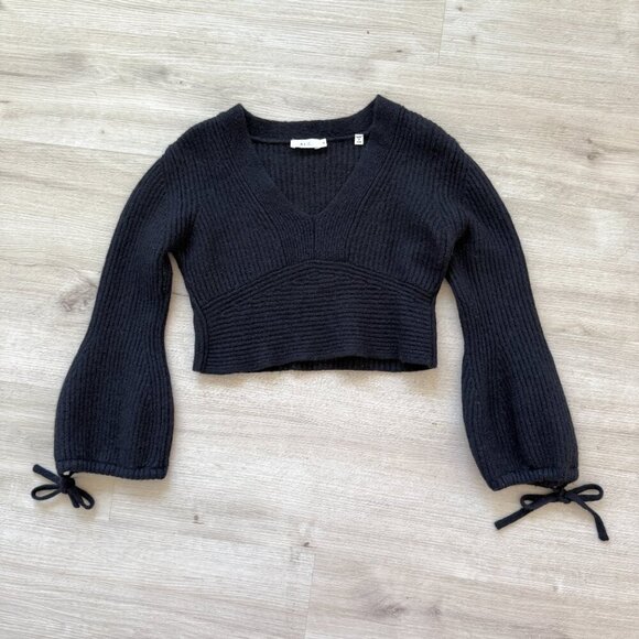 ALC Black Cropped Sweater V-Neck Knit Pullover Merino Wool Medium - Picture 1 of 11